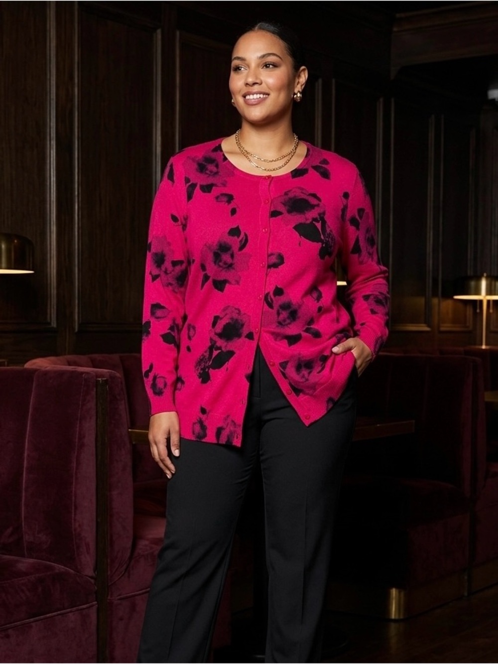 Sarah Spencer Woman Magenta Pink Floral Cardigan Sweater 1X Button Front Rayon